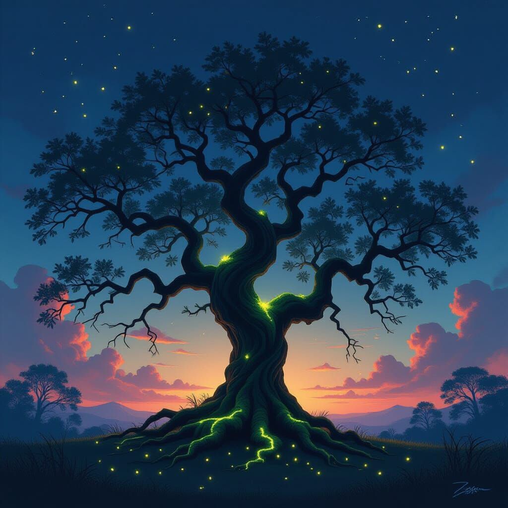 Ancient Gnarled Tree at Twilight: Dark Fantasy Art