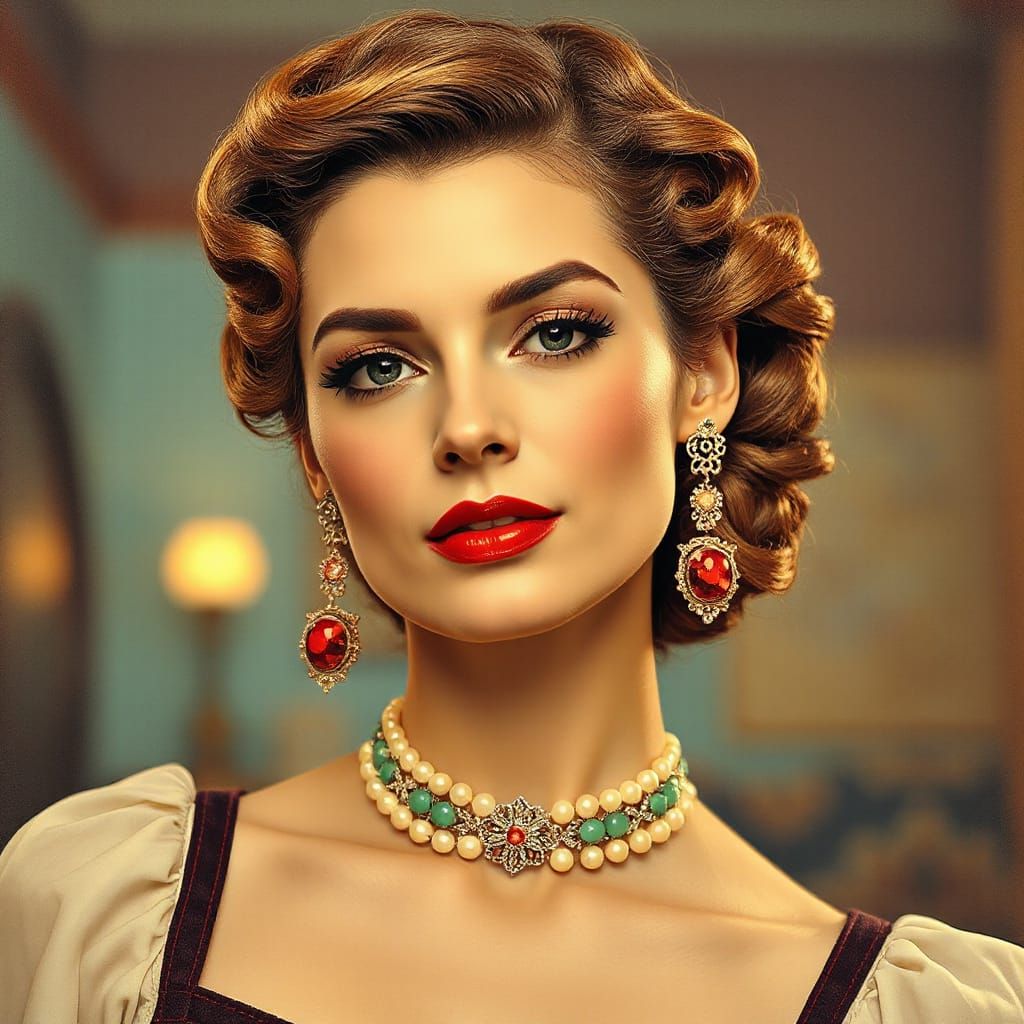 1950s Atomic Age Woman Portrait in Kitsch Surreal Style