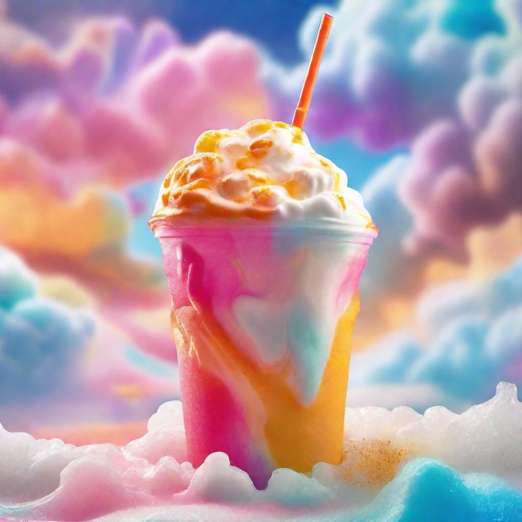 Surreal God Holding Slurpee in Dreamlike Landscape