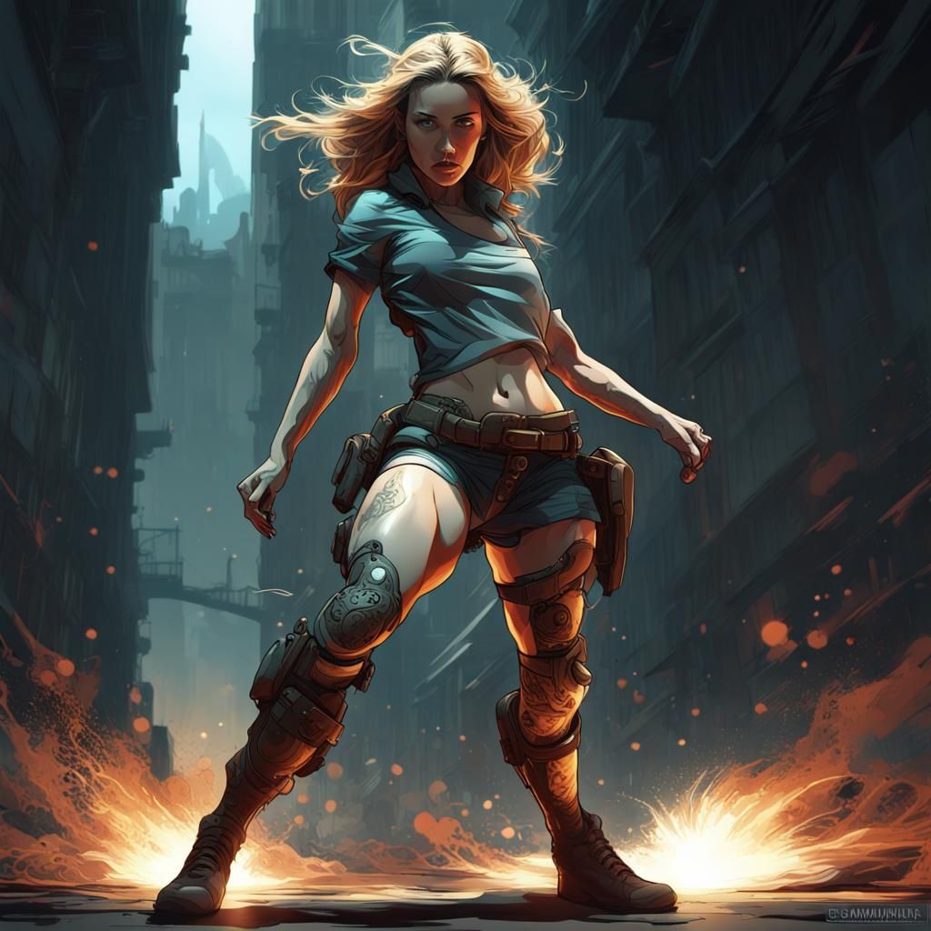 Beautiful female anti hero, full body, dynamic action pose, ...