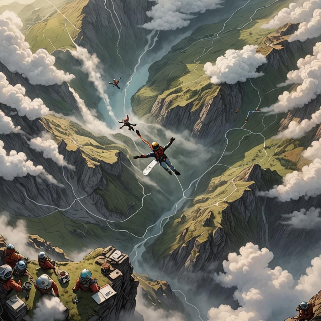 Skydiving Over Misty Mountainside: Retro Comic Art