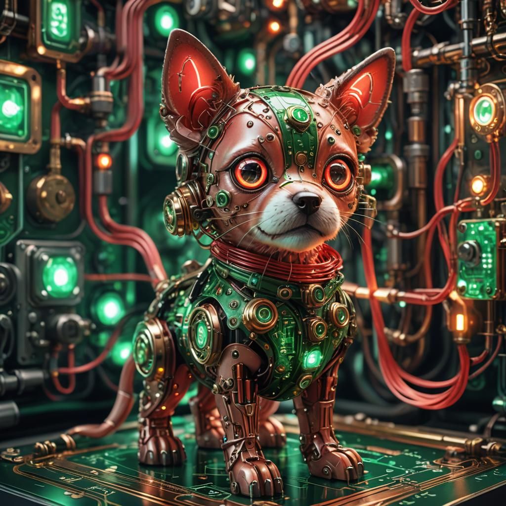 Cute Steampunk Dog with Glowing Circuit Board