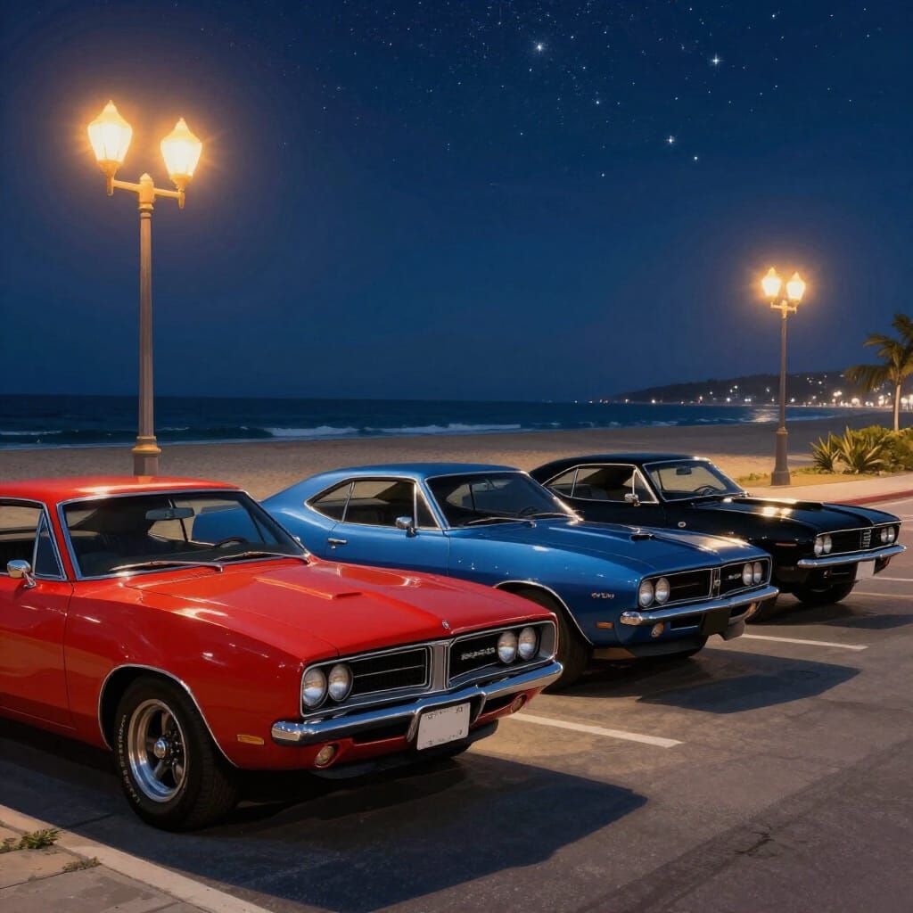 Classic Muscle Cars Under Starlit Sky on Beach Street