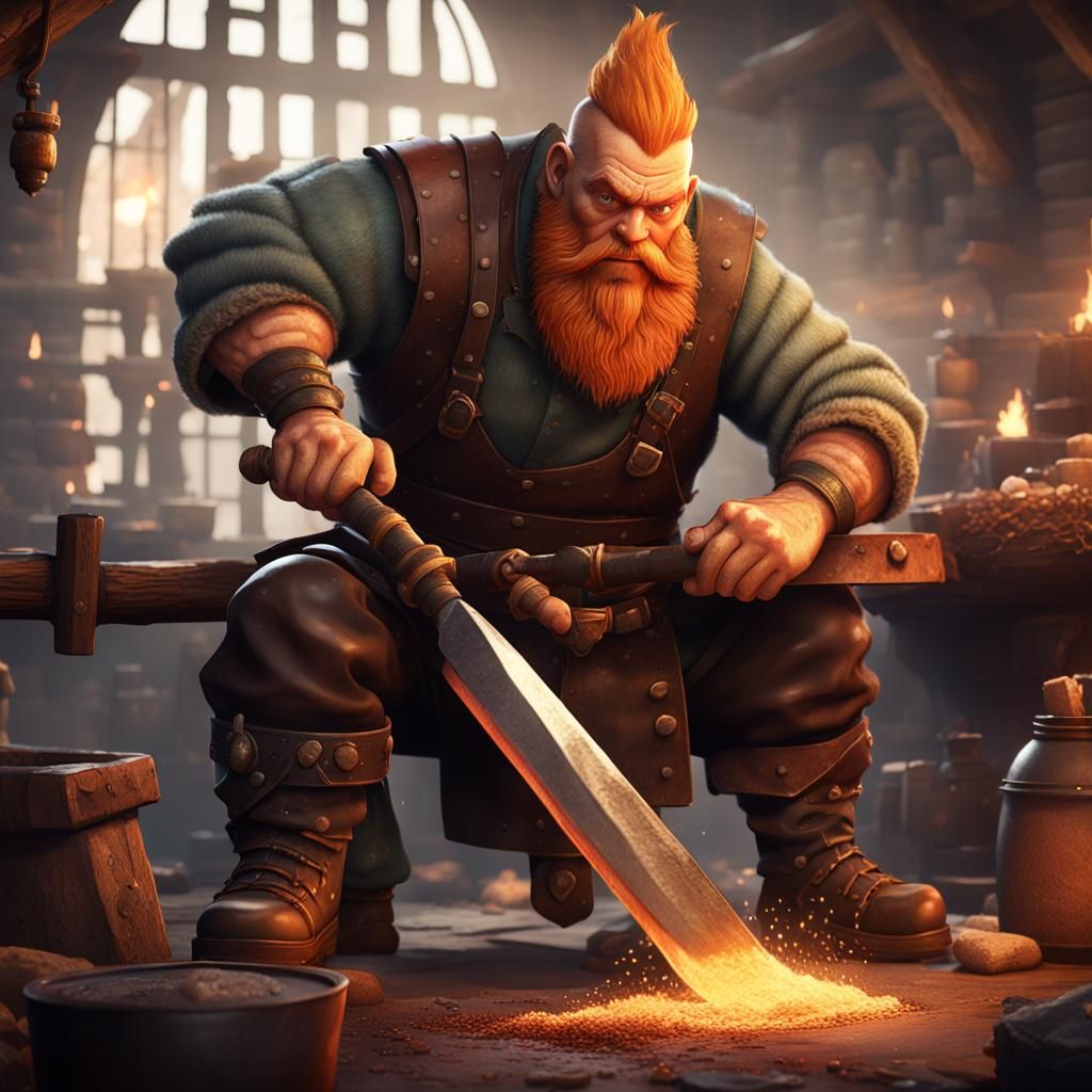 Dwarf Blacksmith Forging Sword: Fantasy Concept Art