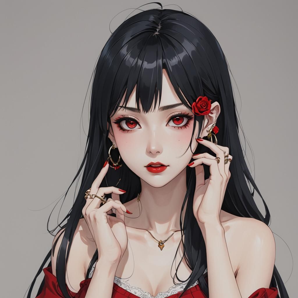 Anime Girl with Black Hair and Red Lips