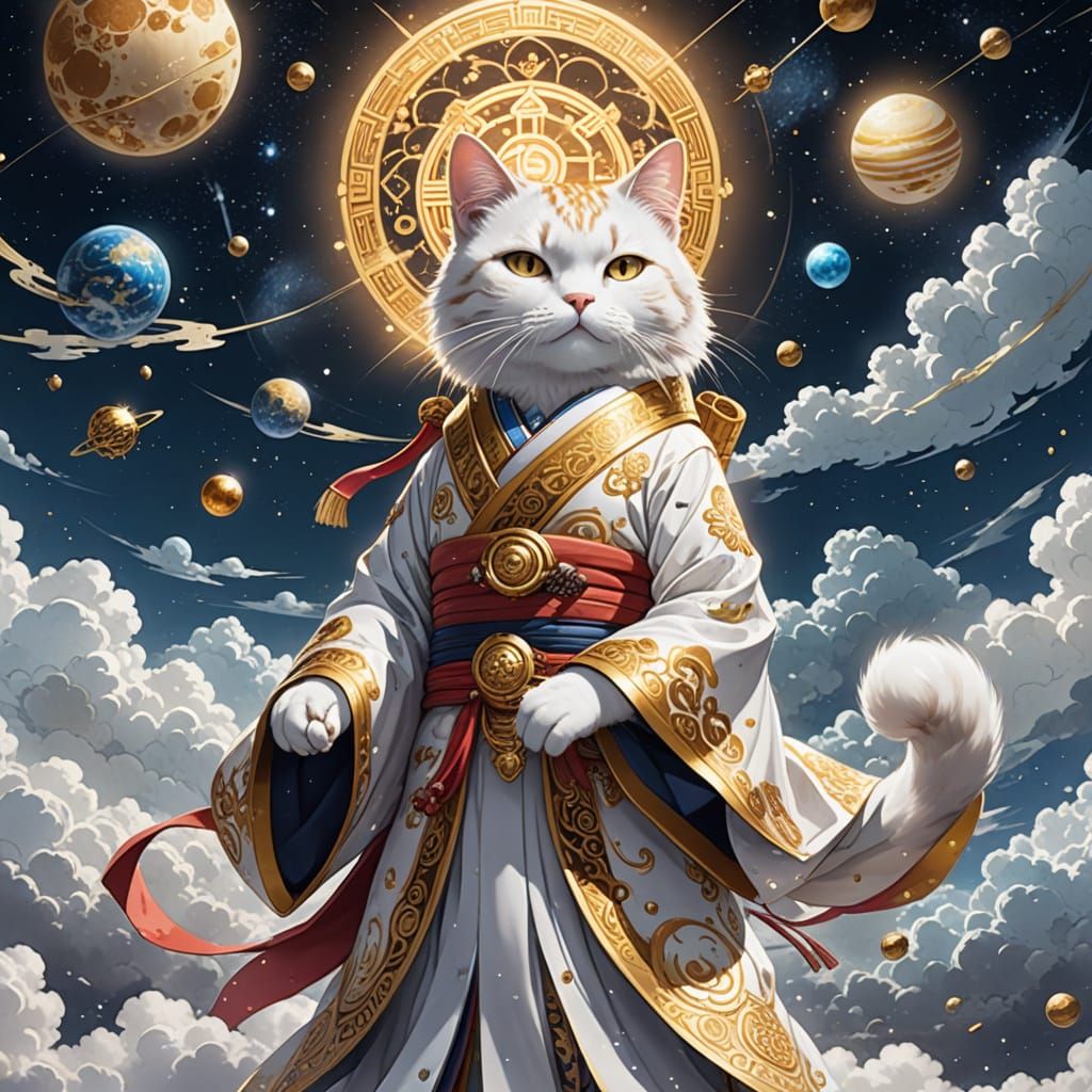 Surreal Cat Goddess in Golden Robes on Celestial Clouds