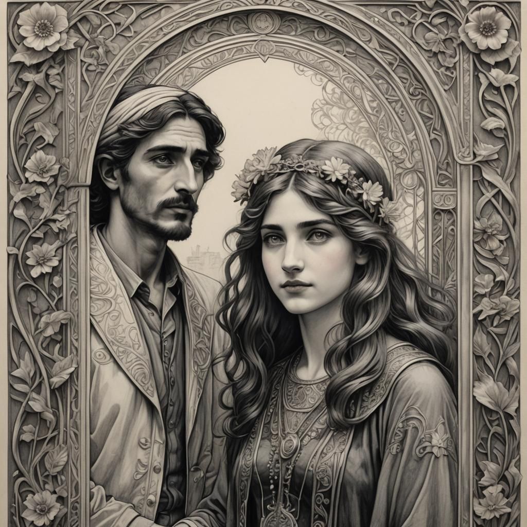 Art Nouveau Charcoal Drawing of Girl and Man