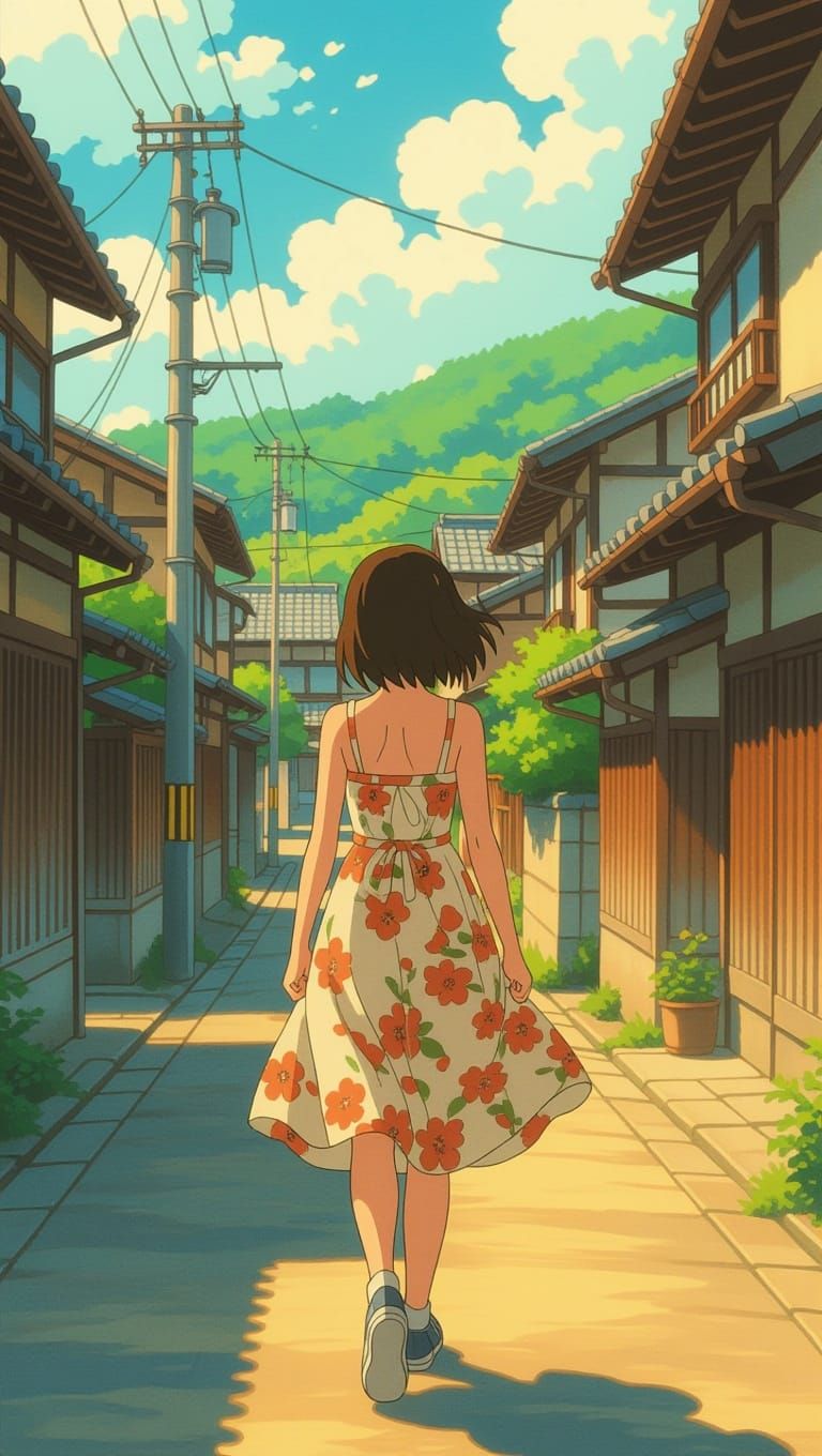 Japanese Countryside Girl Walks Down a Quiet Street in Warm ...