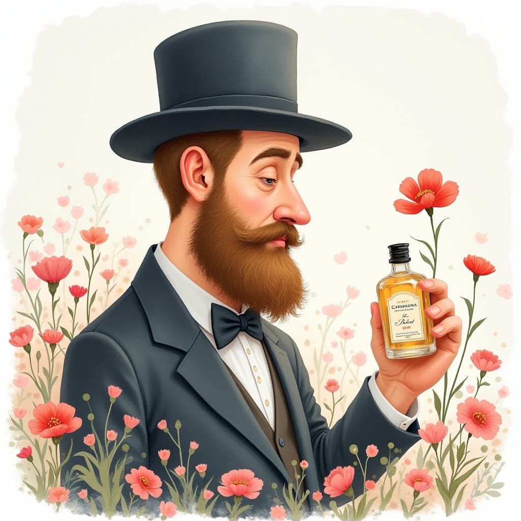 Orthodox Man Touched by Carnation Scent in Watercolor Cartoo...