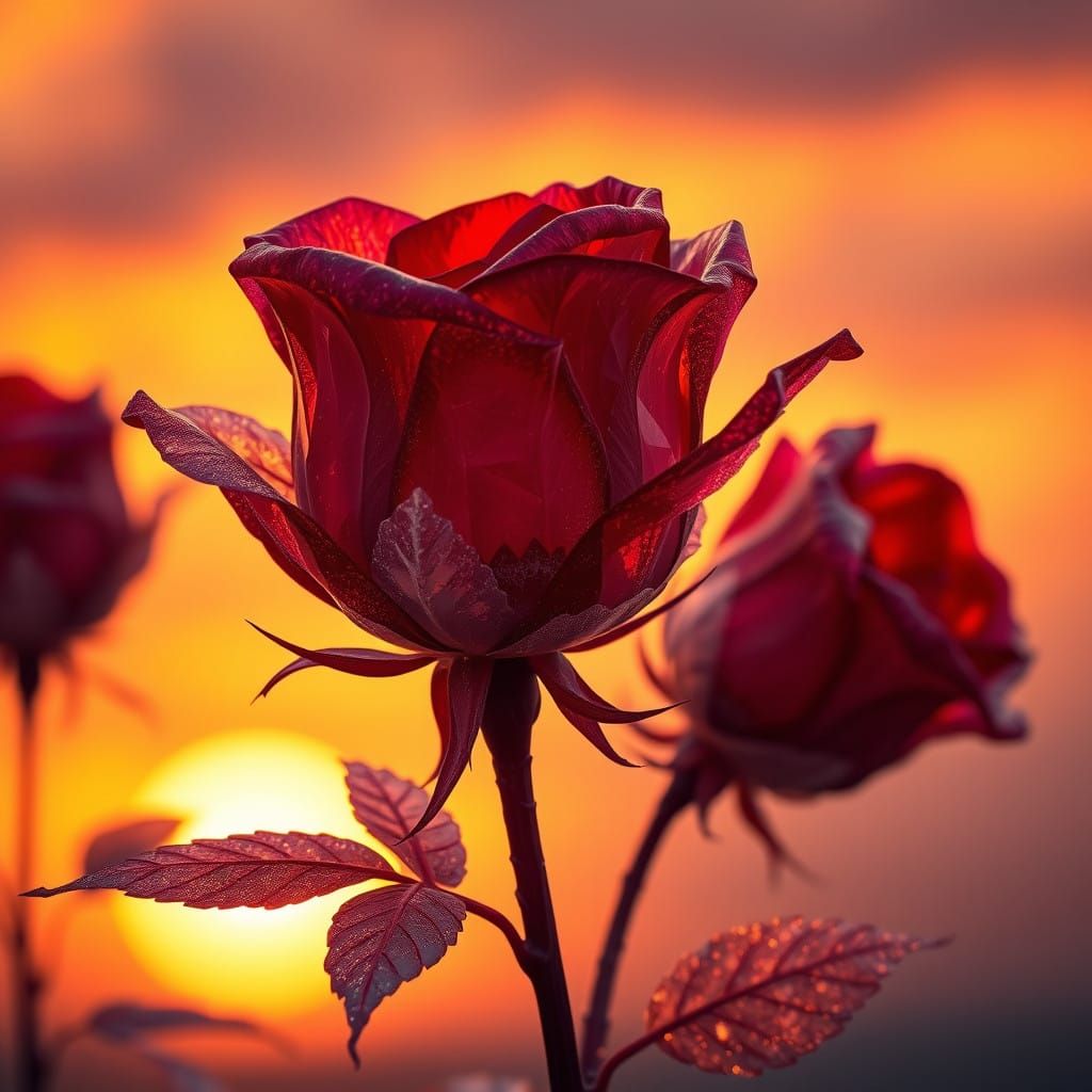 Fantastical Crystalline Roses in a Vibrant Sunset
