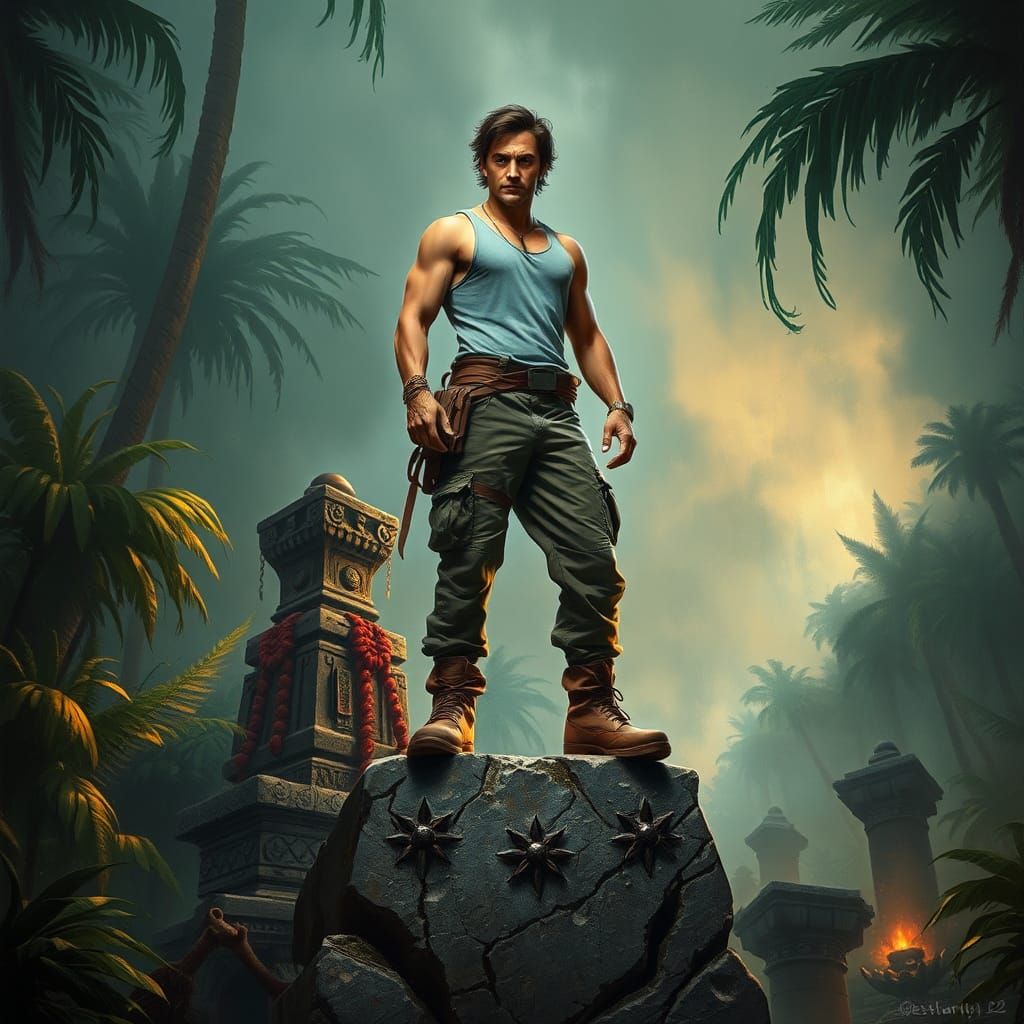 Triumphant Adventurer in Jungle, Cinematic Art Style