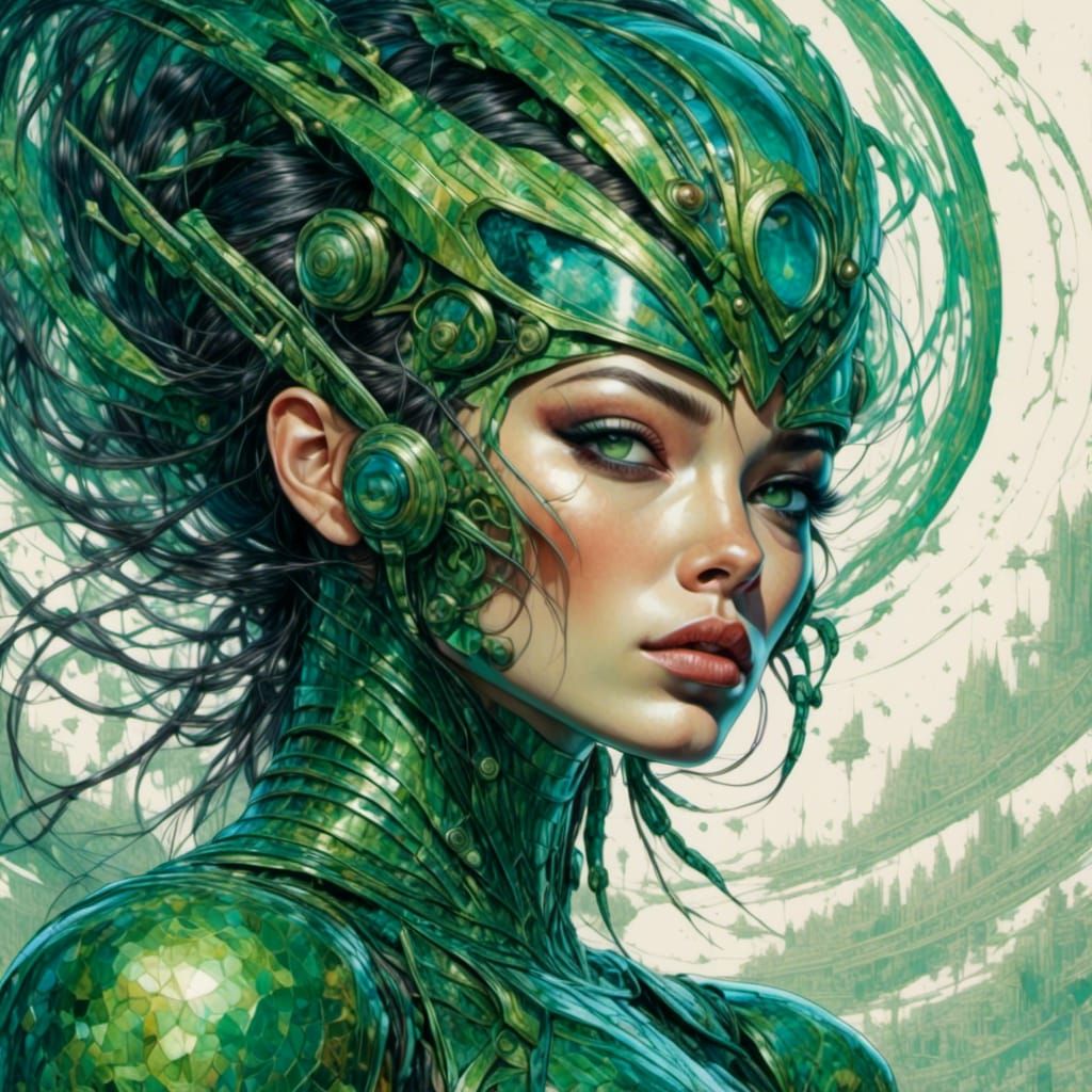 Green Alien Woman in Futuristic Cityscape