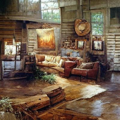 Rustic Living Room in Oil Painting Style