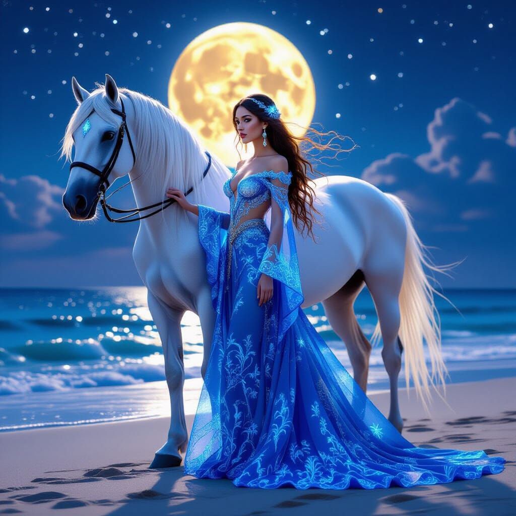 A mystical scene set on a beach at nighttime. A woman with long flowing hair, wearing a glowing blue dress, stands besid...