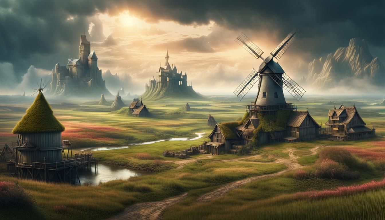 Epic Fantasy Farm with Windmill and Castle