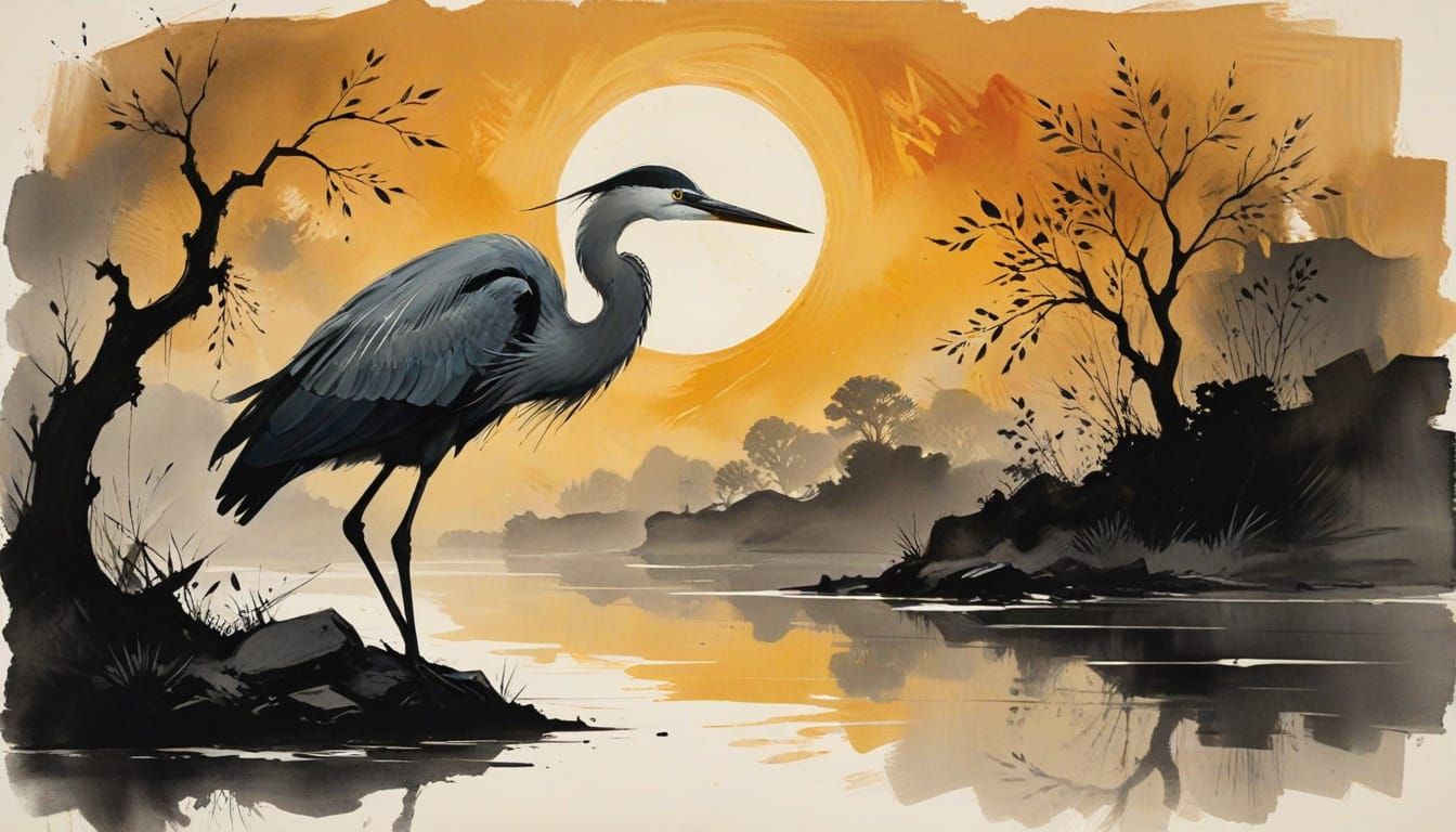 Heron in Moonlight: An Ink Wash Painting