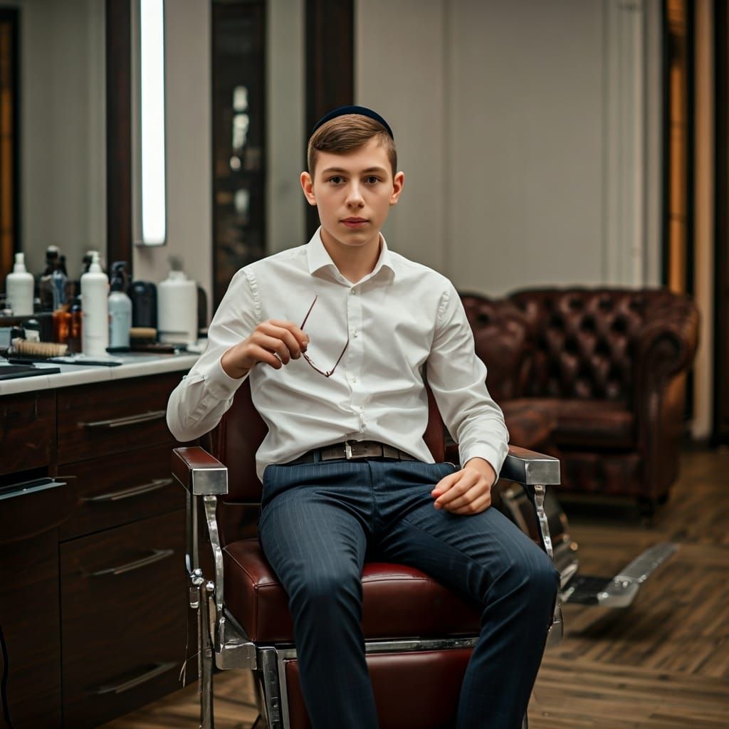 Lithuanian Boy Awaits Haircut in Upscale Barbershop