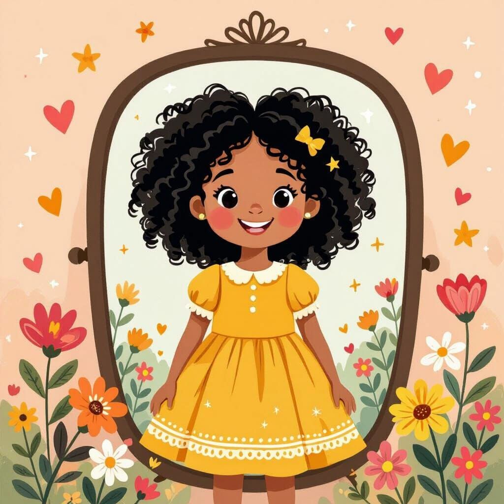Proud Girl in Mirror, Whimsical Children's Book Illustration