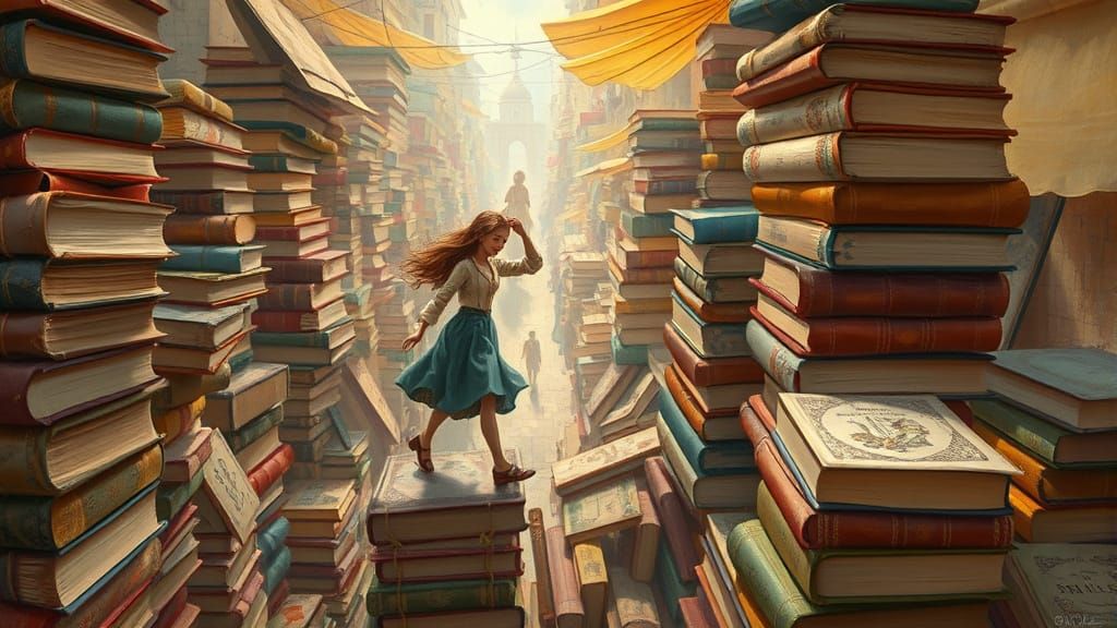 Whimsical Book Cityscape in Impressionist Style