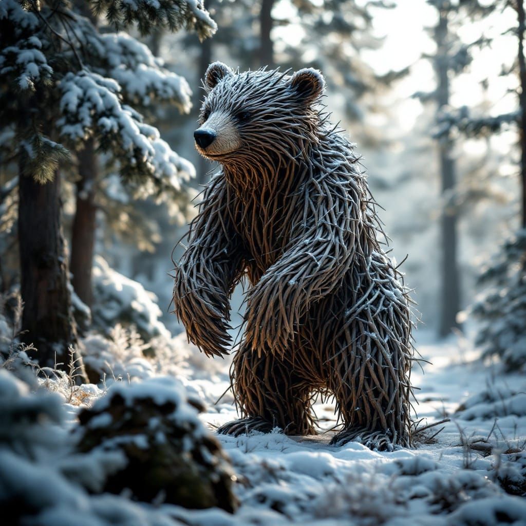 Winter Forest Bear Sculpture in Earthy Style