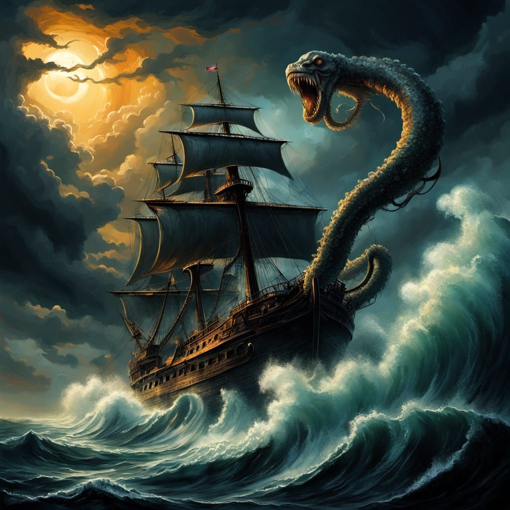 Epic Fantasy Illustration of a Massive Kraken Rising from th...