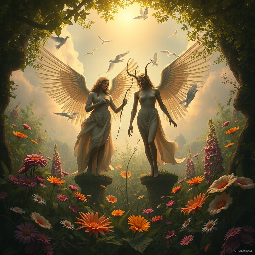 Angelic Seraphim and Nephilim in Lush Paradise