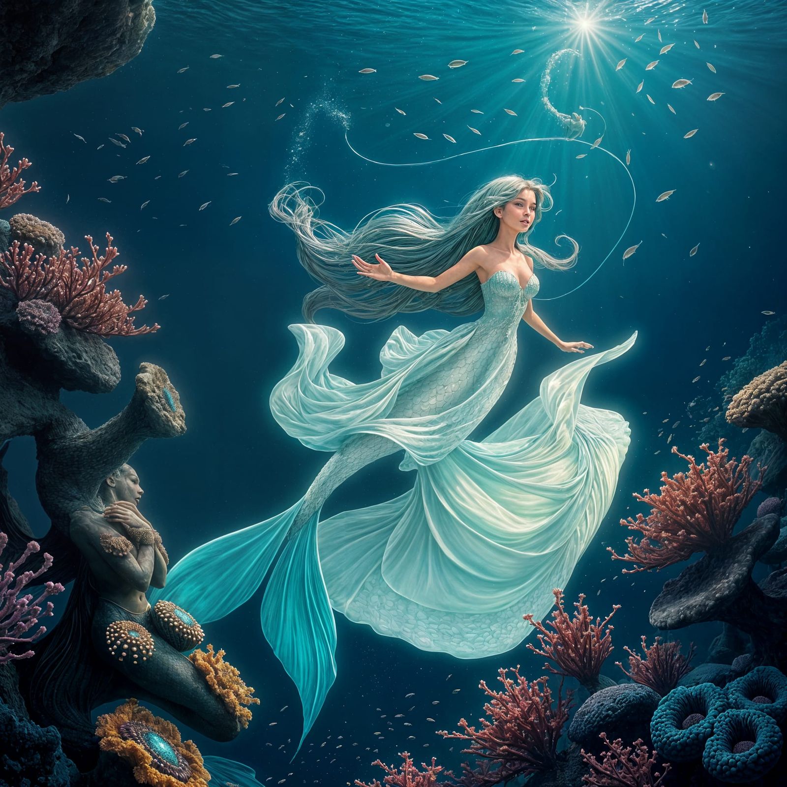 Enchanted Mermaid Dances Through Iridescent Coral Reefs