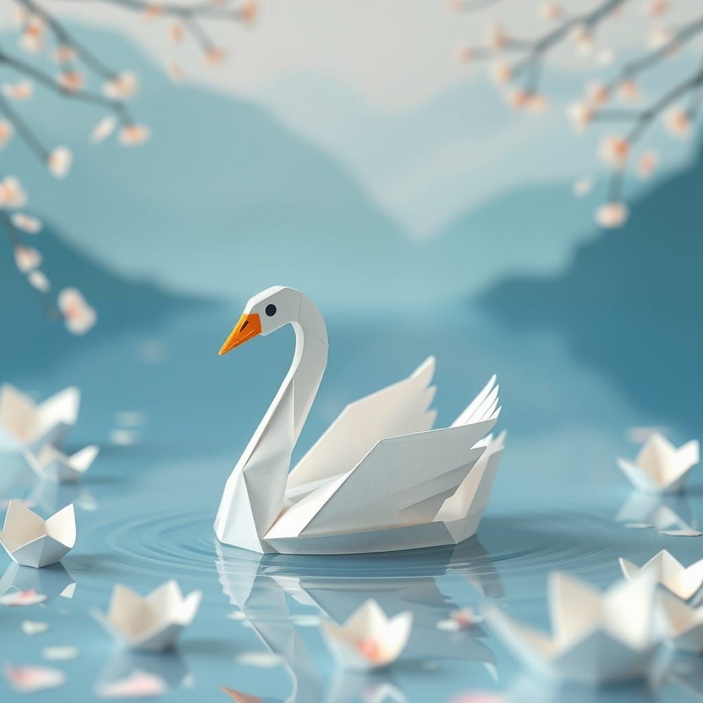 Origami Swan in Tranquil Water Landscape