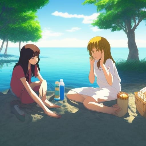 Beach Picnic: Ghibli-Style Anime Illustration