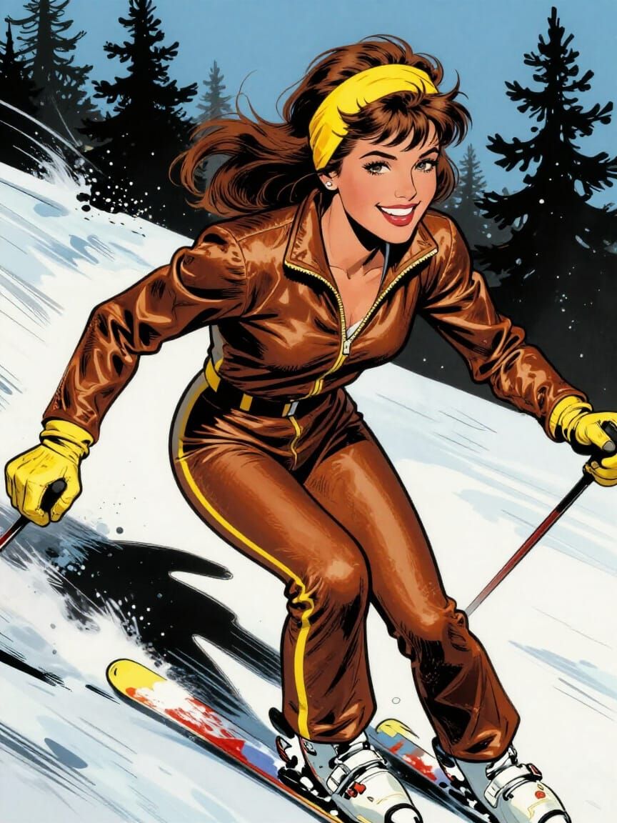 Skier in Yellow Headband and 90s Ski Suit