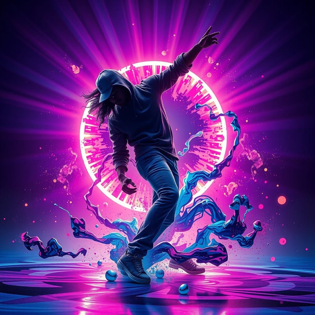 Surreal Hip Hop Dancer in Bioluminescent Ink Splatters, Cybe...