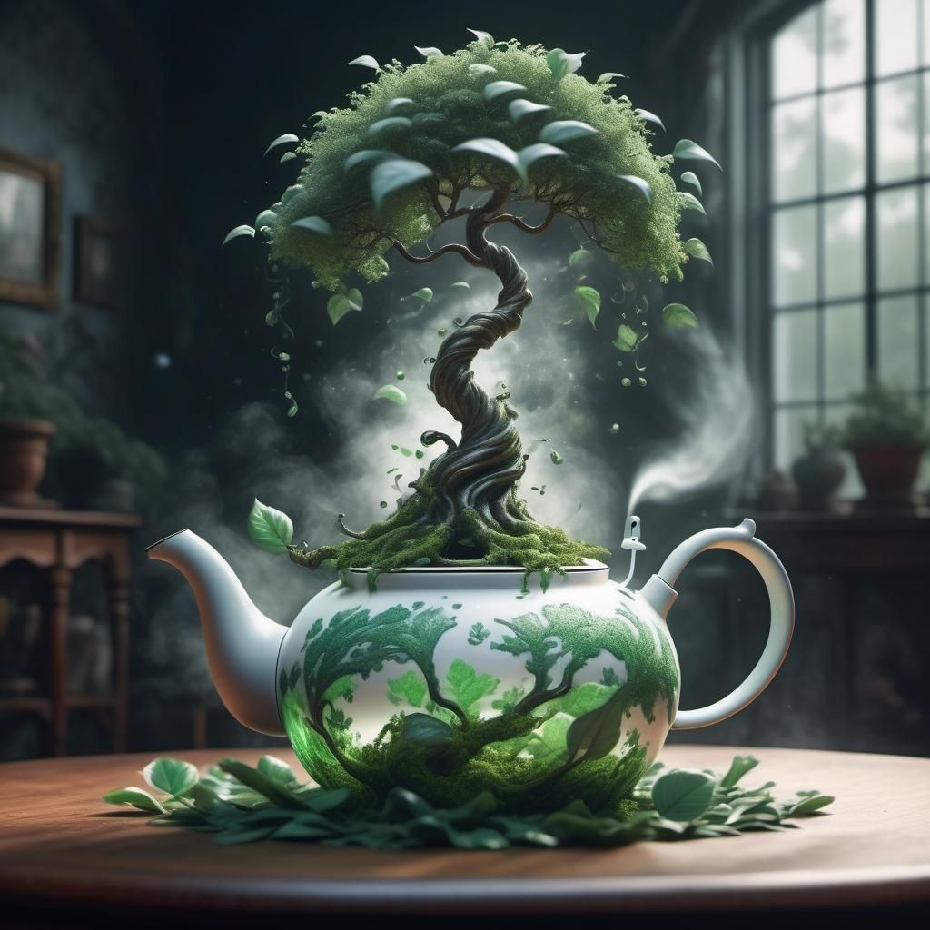 Surreal Tree Emerges from Teapot in Dreamlike Haze
