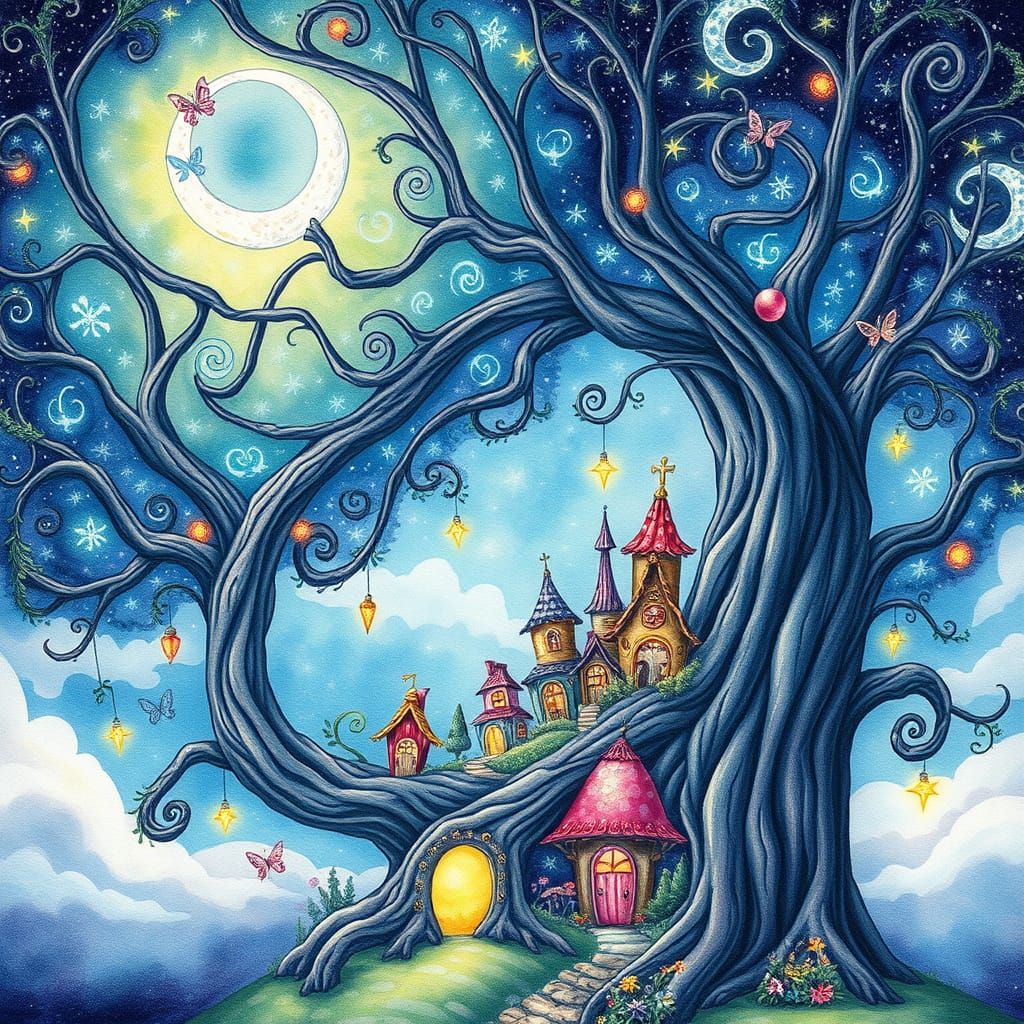Whimsical Fairy Village Under Starry Night Sky