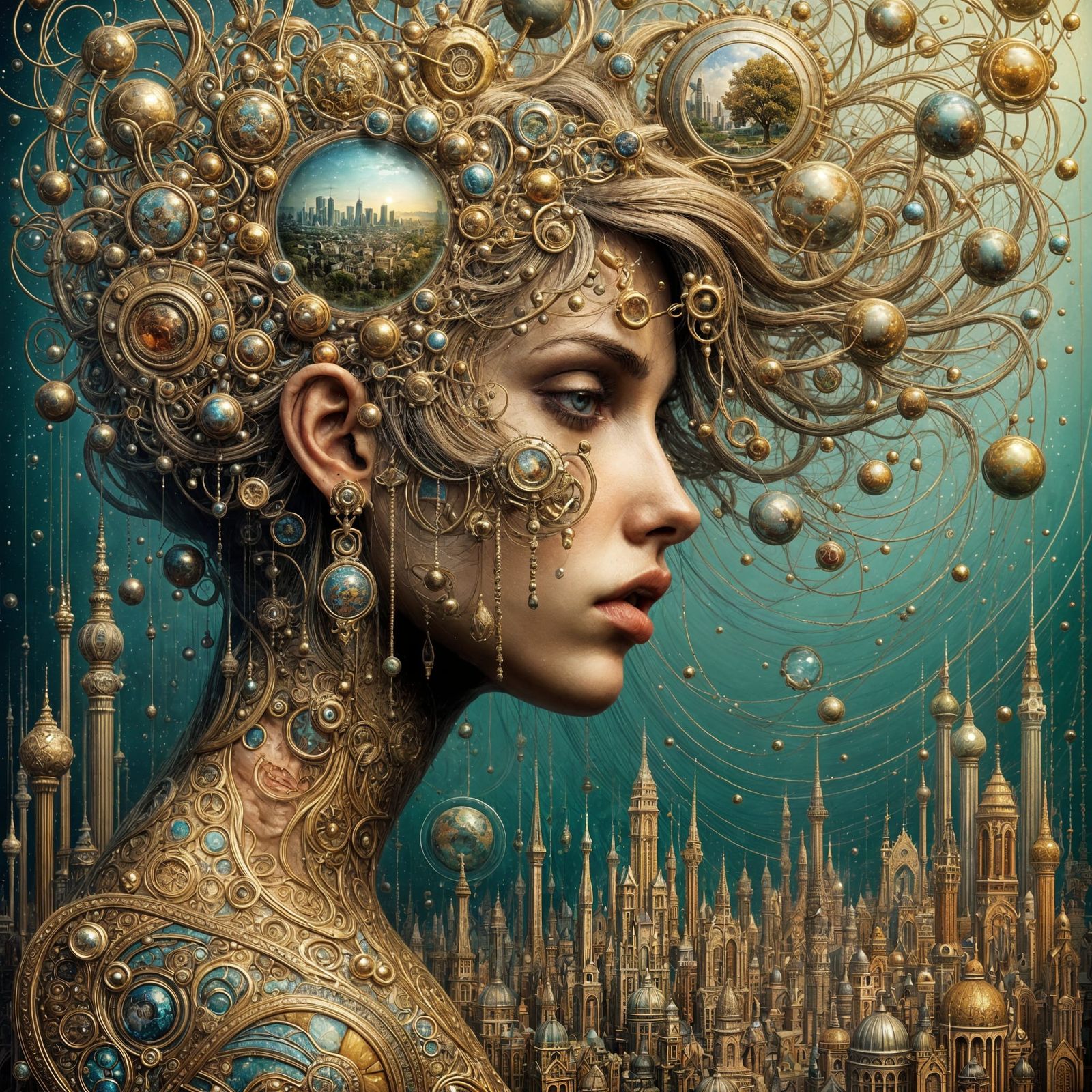 Surreal Double Exposure: Woman and Bubble Cityscape