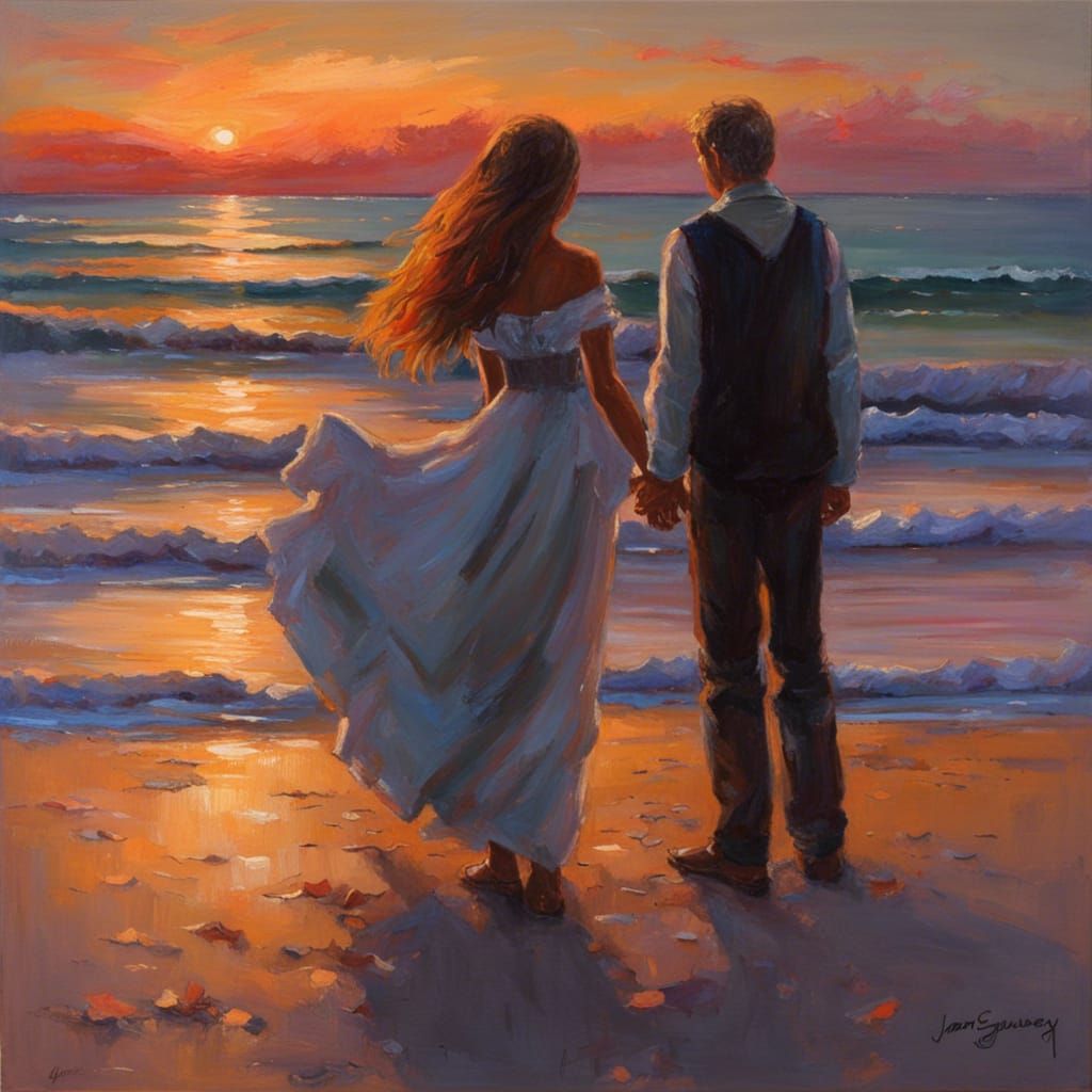 Sunset Beach Couple: An Oil Painting Romance