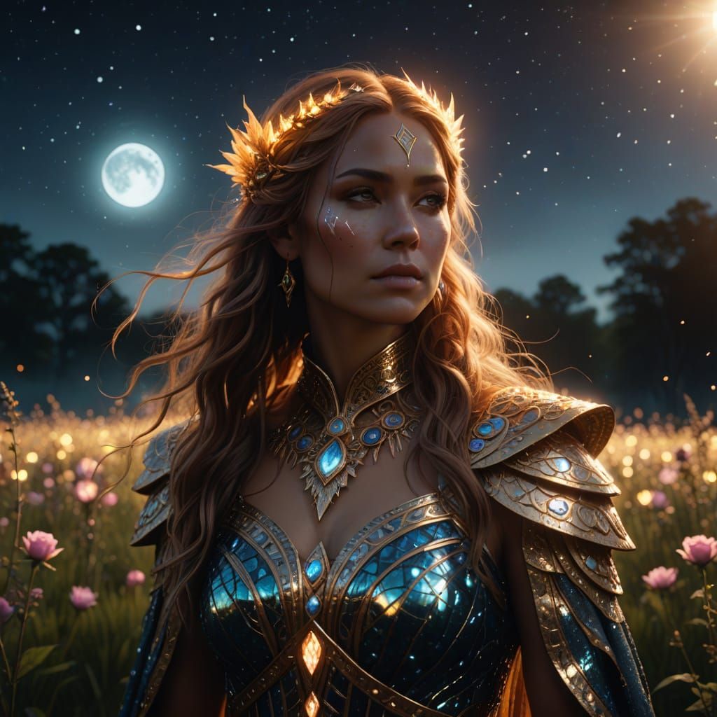 Celestial Tribal Priestess in Moonlit Meadow
