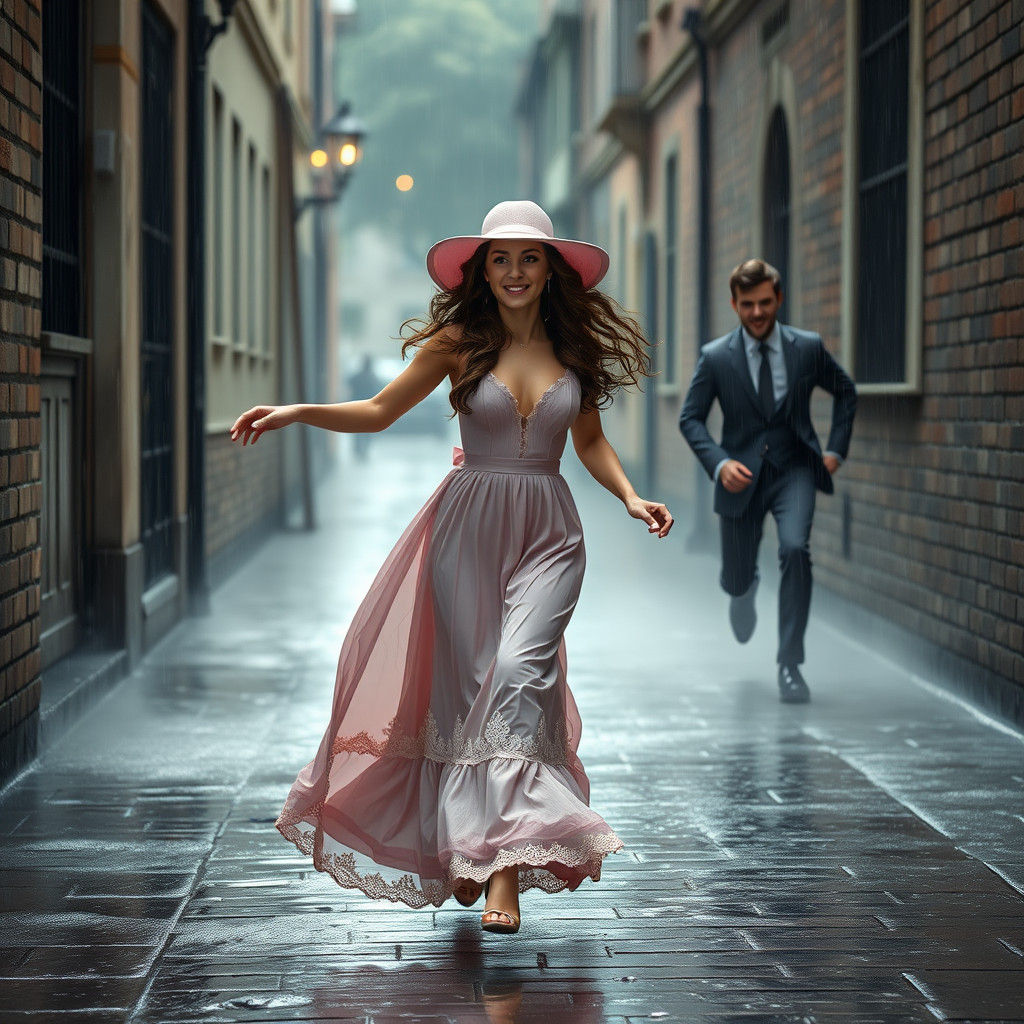 Whimsical Romance: Couple in Rainy Alleyway