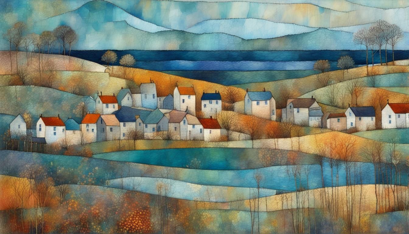 Patchwork Art with Holographic Coastal Landscape