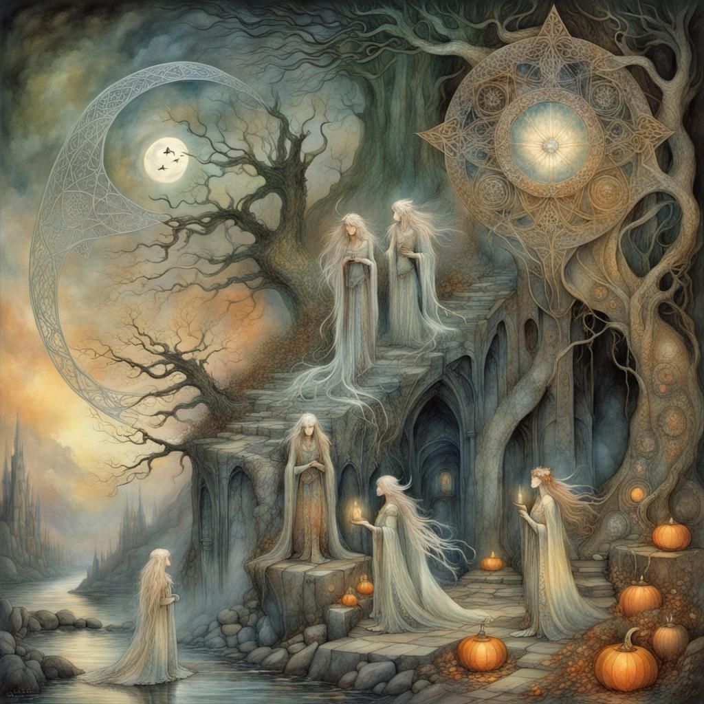 Celtic Pagans Celebrate Samhain in Mystical Illustration