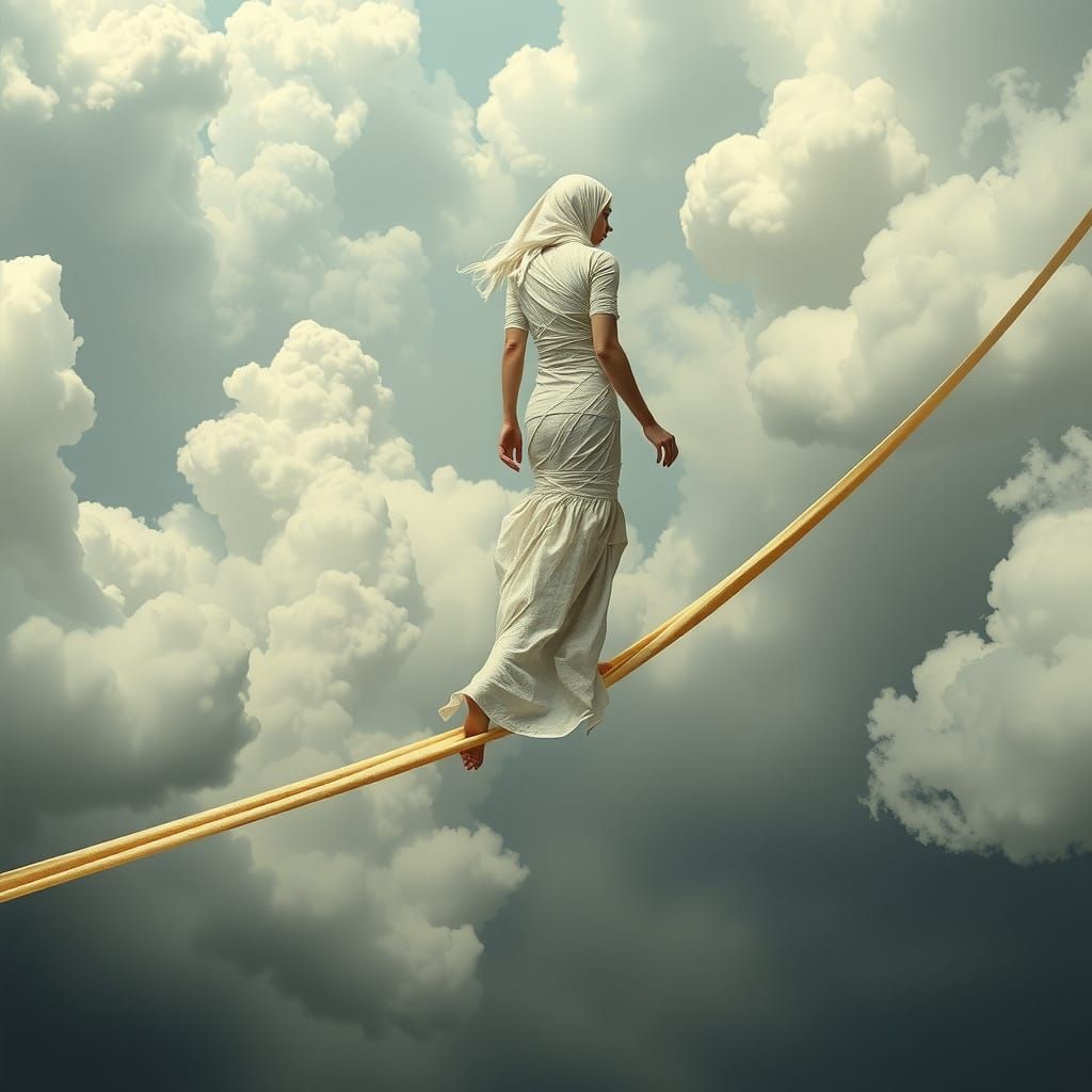 Bandaged Woman Walks Cloud Bridge in Surrealist Style