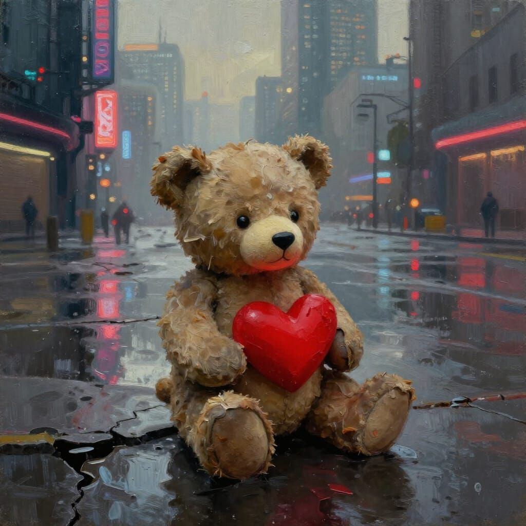 Teddy Bear with Glowing Heart in Cyberpunk City