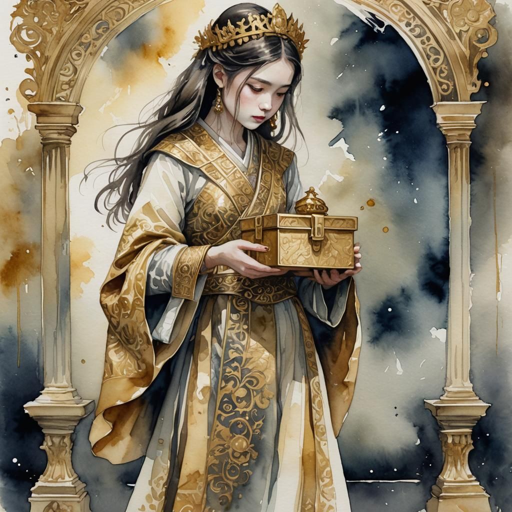 Girl with Golden Box: Ominous Watercolor Painting
