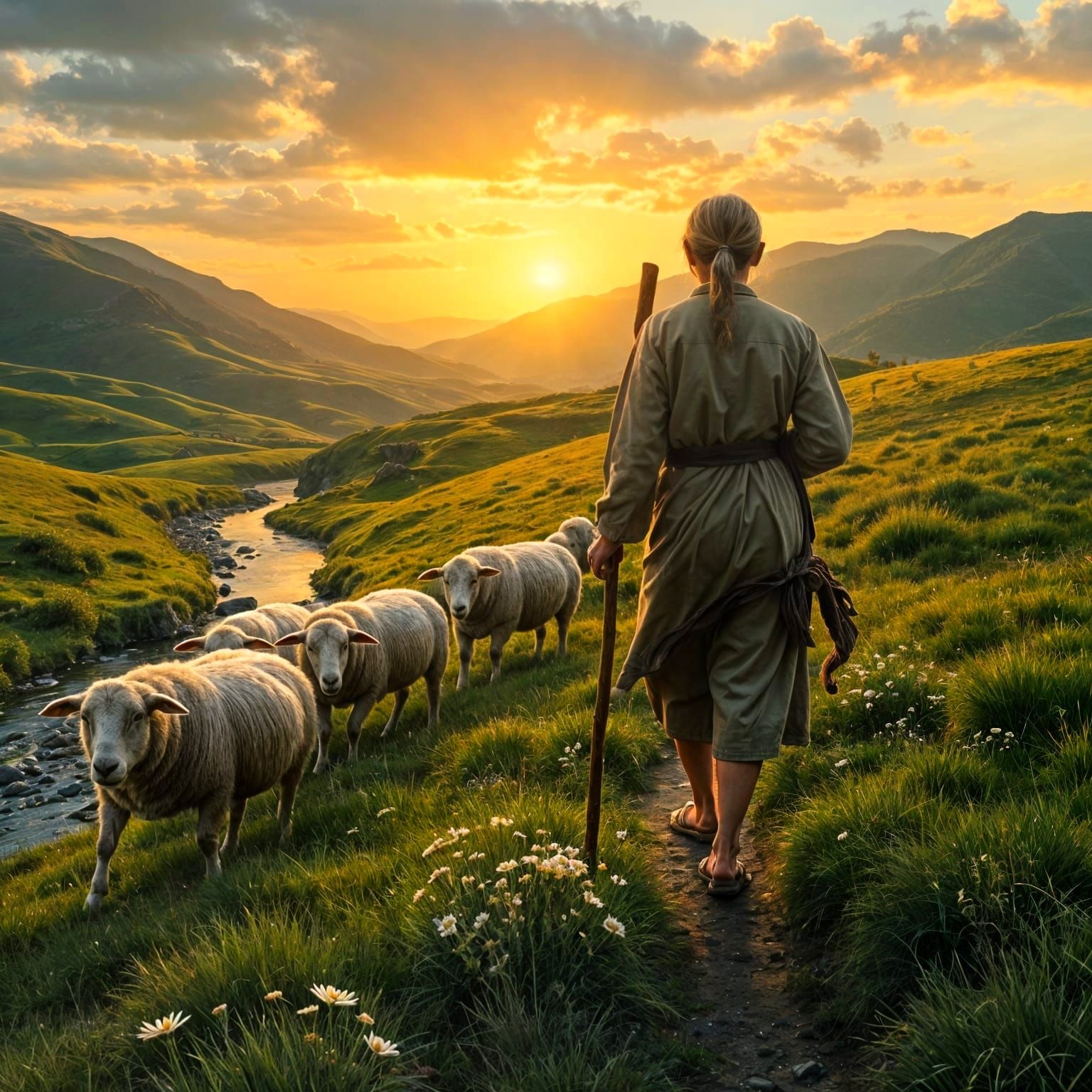 Golden Hour: Elderly Shepherd in Renaissance Style