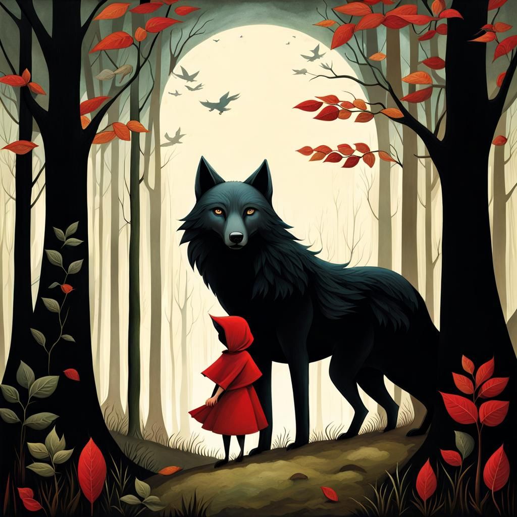 Little Red Riding Hood and the Wolf in Whimsical Forest