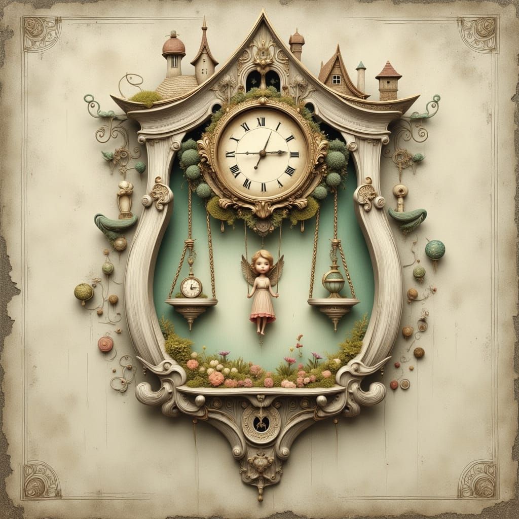 Whimsical Clock with Angel Swings in Art Nouveau Style