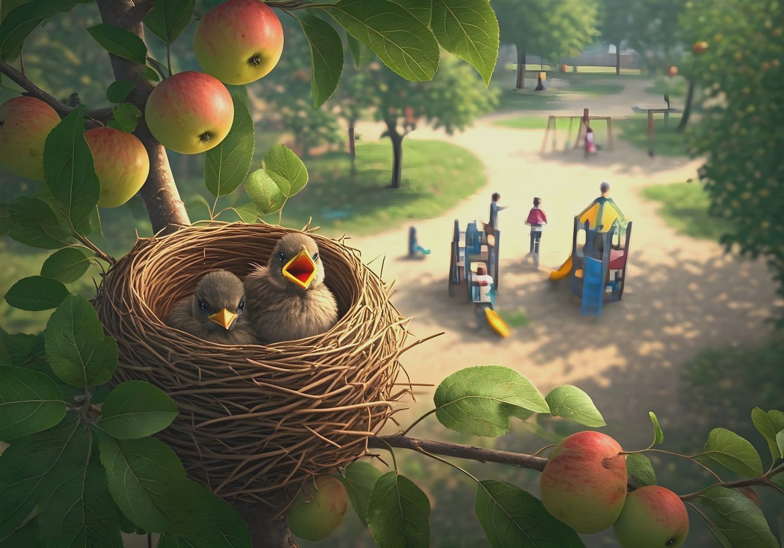 Whimsical Apple Tree Scene with Chicks and Playground