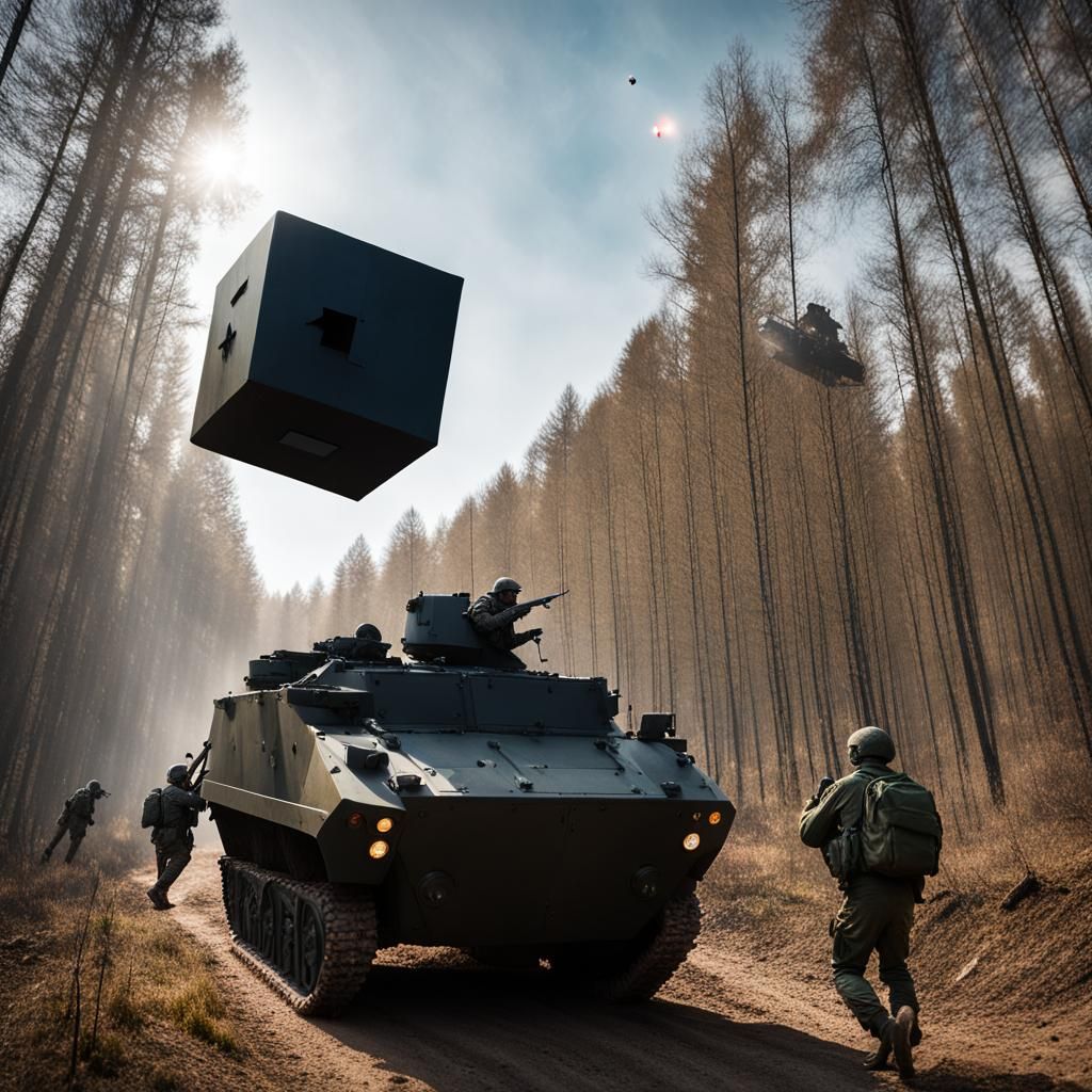 Black Cube UFO Over Ukrainian Soldiers, Professional Photogr...
