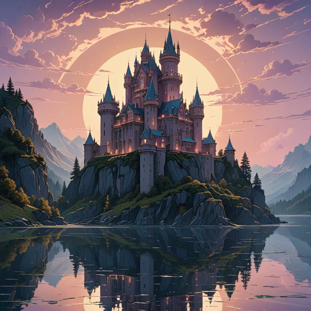 Majestic Castle on Serene Lake in Hyperrealistic Style