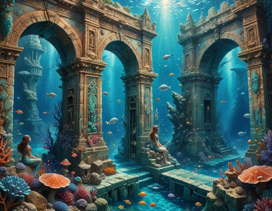 Mermaids Swimming Around Atlantis Gates in Soft Painting