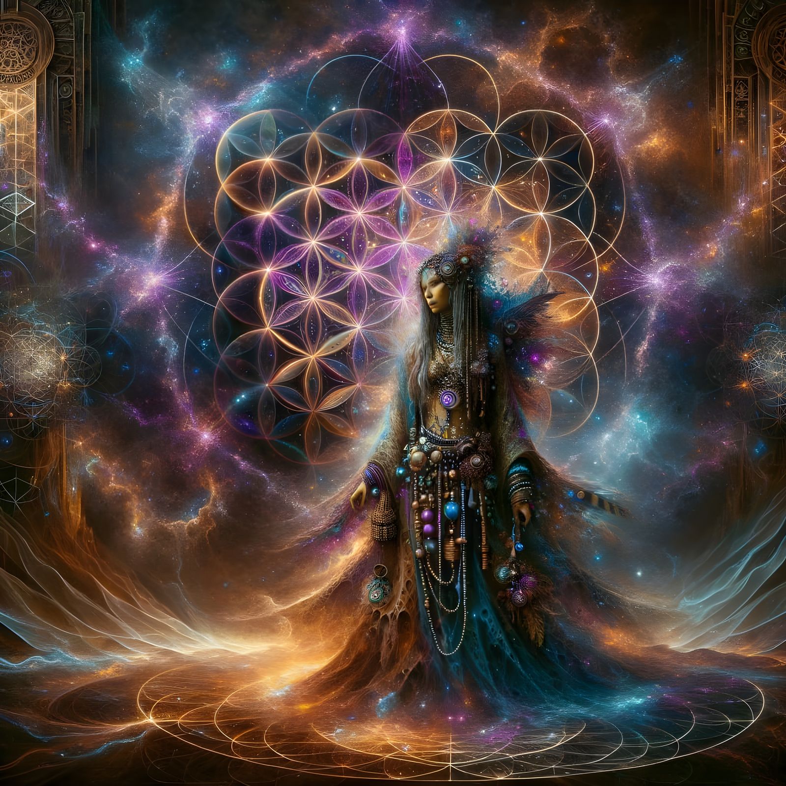 Cosmic Oracle Woven in Rich Earth Tones and Celestial Hues